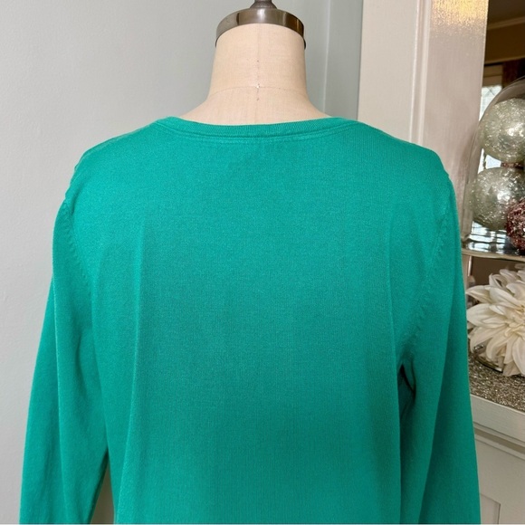 White House Black Market Green Snap Sweater Cardigan Ruffled Lace Trim Large - Picture 8 of 12